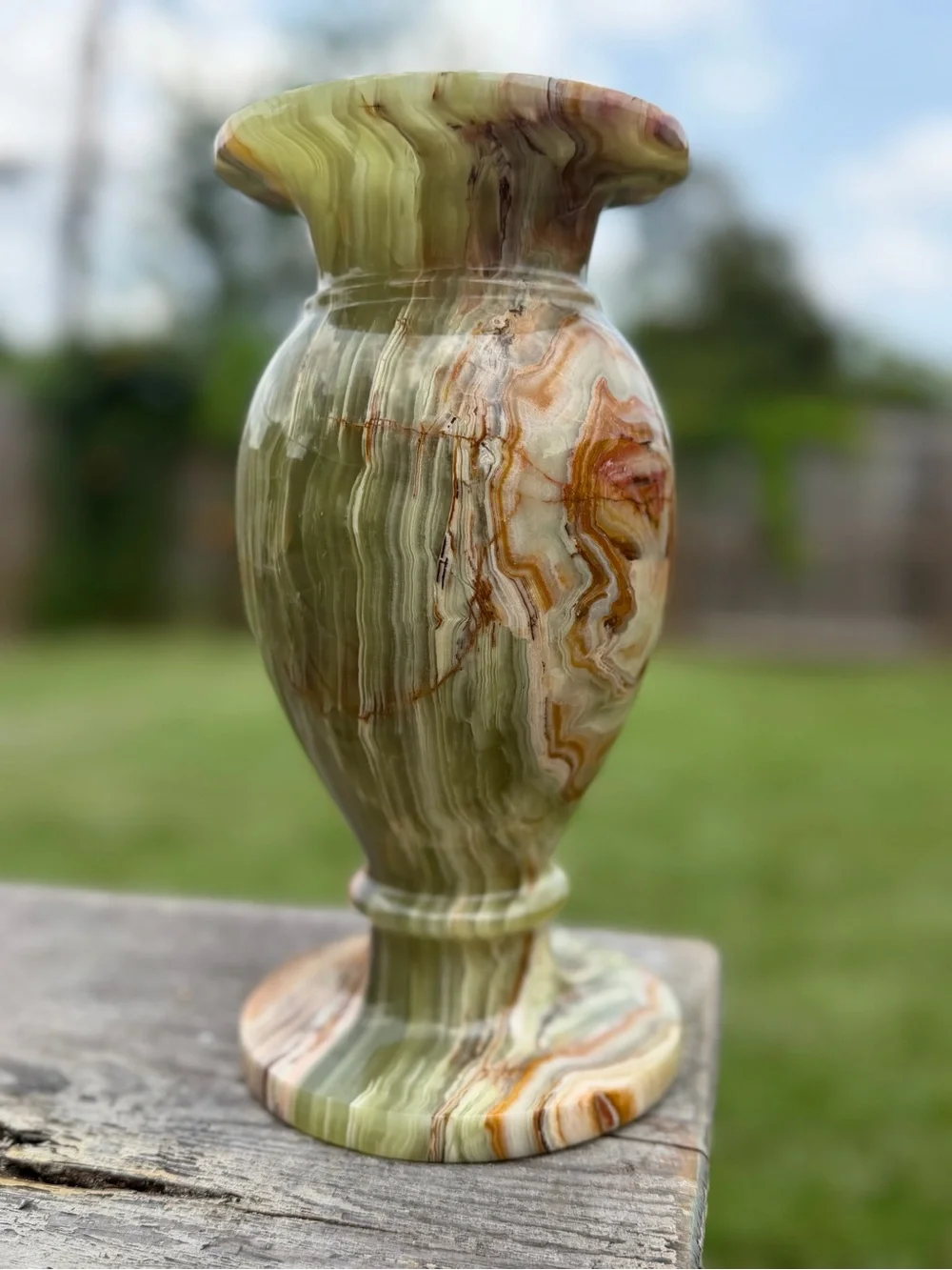 Vintage Banded Onyx Vase, Calcite Sphere Stone Vase Large 10” 7 lbs Heavy Glow